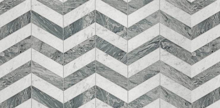 Dalles chevrons en MARBRE BARDIGLIO CARRARA + MARBRE DE CARRARE